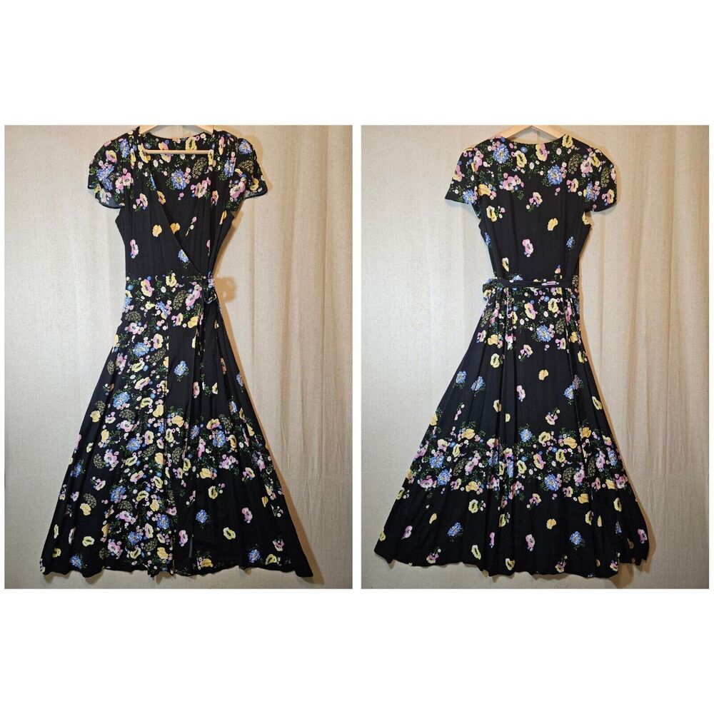 Free People Jess True Wrap Dress Maxi Black Dark Floral Flower Sleeves XS